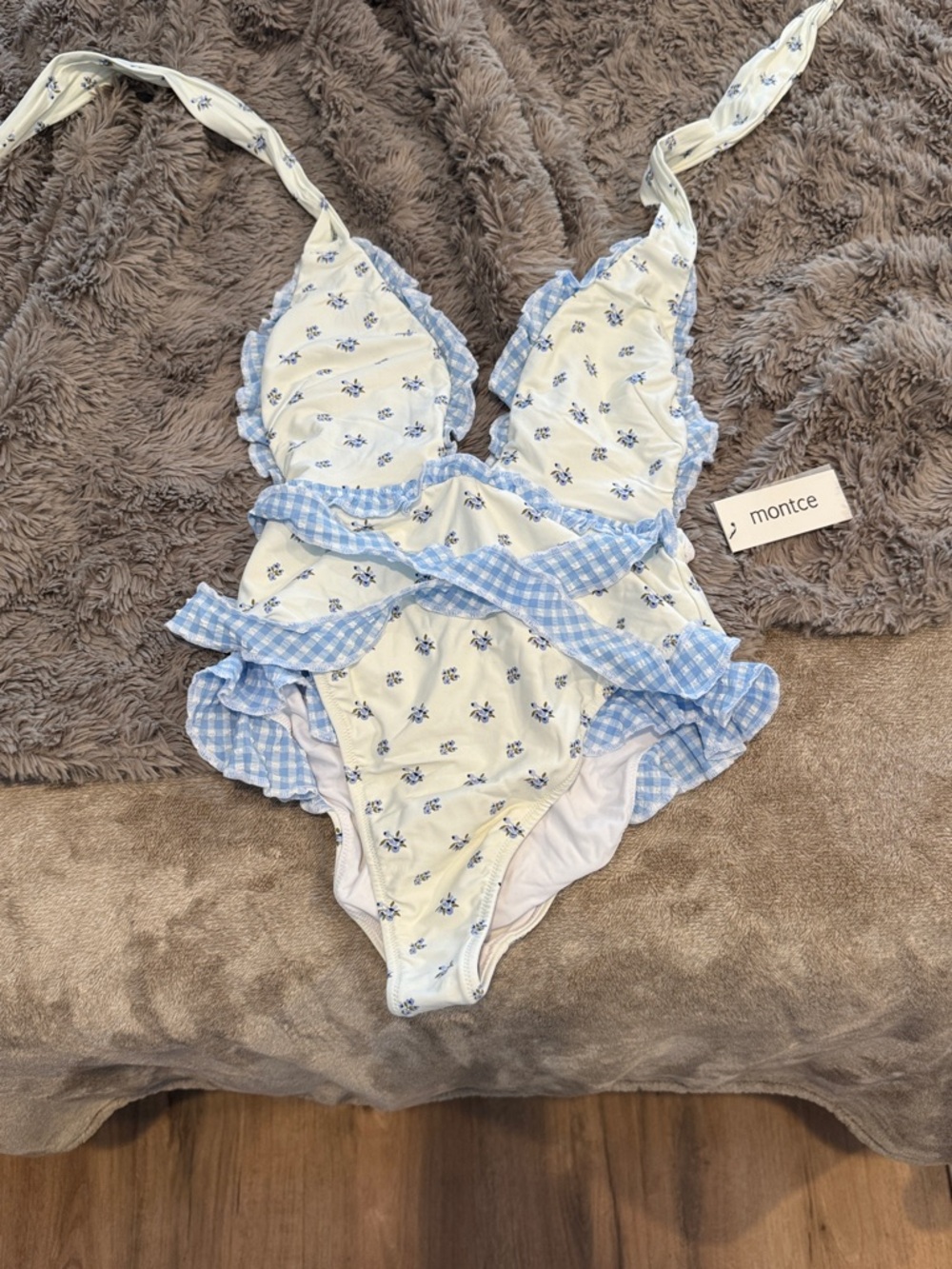 Montce One-Piece Swimsuit with Blue Floral & Gingham Ruffles